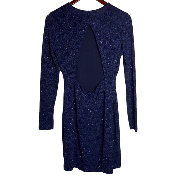 Divided Black Blue Long Sleeve Sparkle Fan Print Open Back Mini Dress 12 - Picture 2 of 14